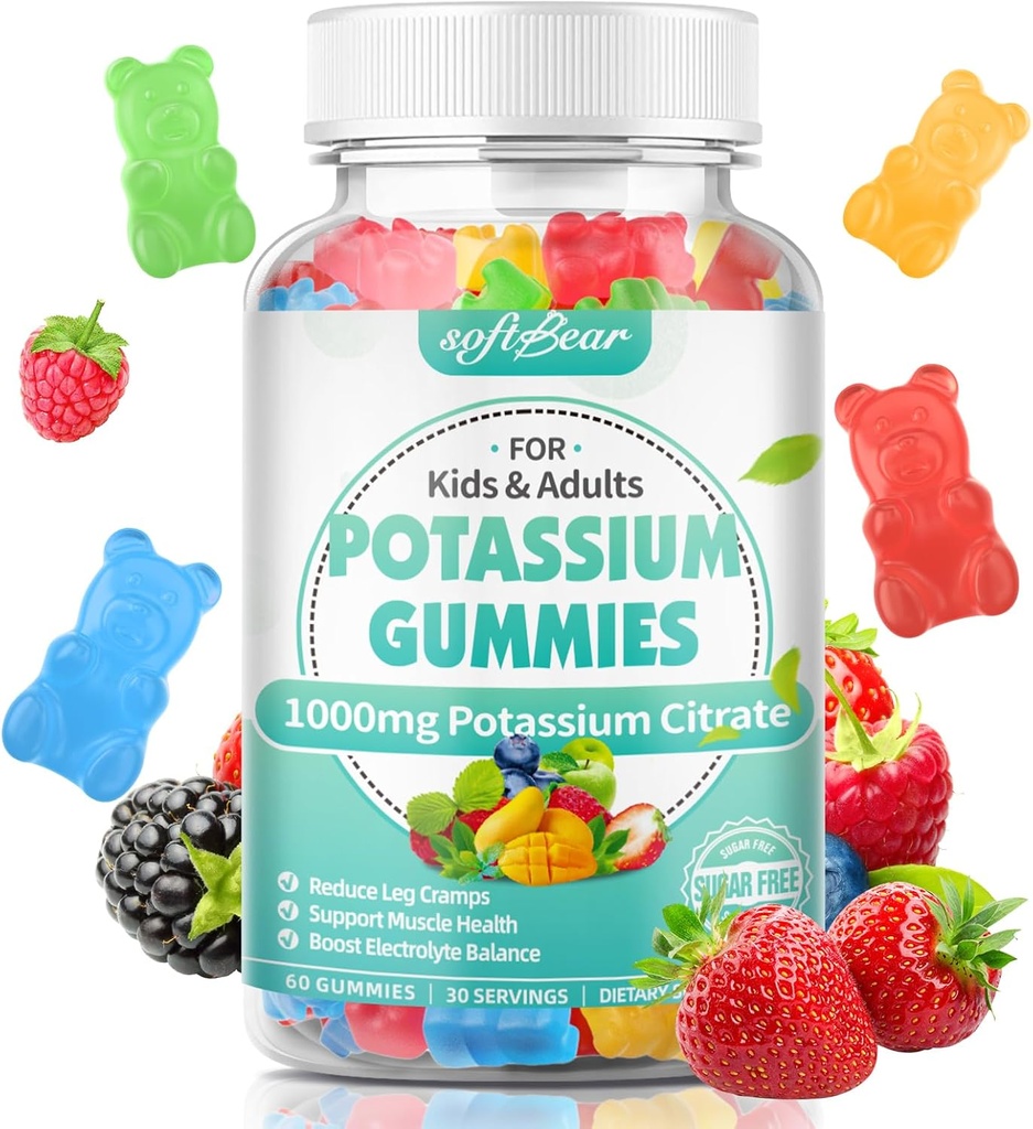 softbear Kalium Citrate Gummies, korkea Potenssi Kalium Citrate 1000mg Tukee Jalkakramps & Lihasterveys Kalium Gummies aikuisille ja lapsille sekoitettu hedelmä maku 60 Count