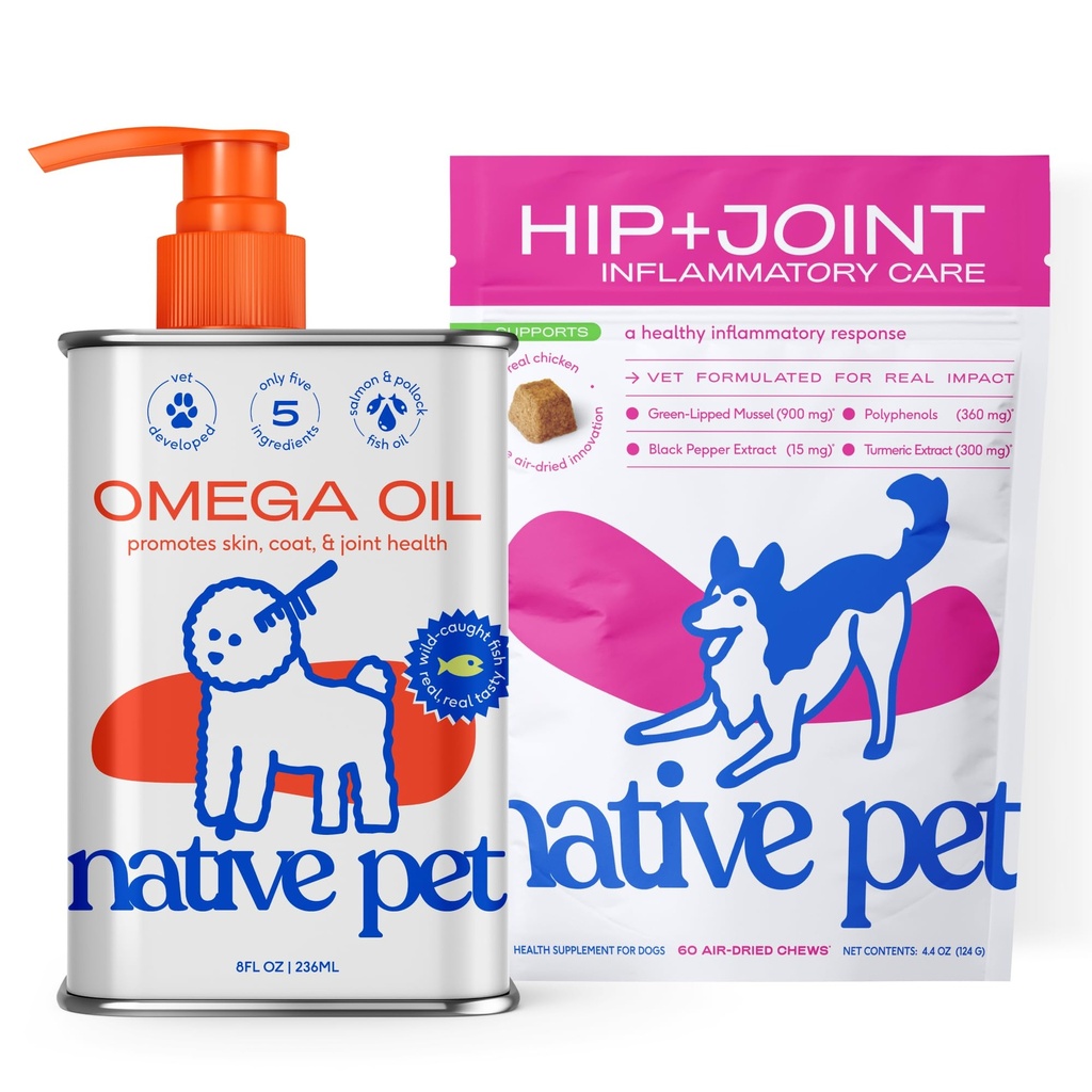 Native Pet Omega Oil koirille 8 Oz - Fish Oil lisäravinteet & Relief - Tulehduksenesto Pureskella koirille - 60 Chews - Niveltulehdus täydentää & nivelkipua