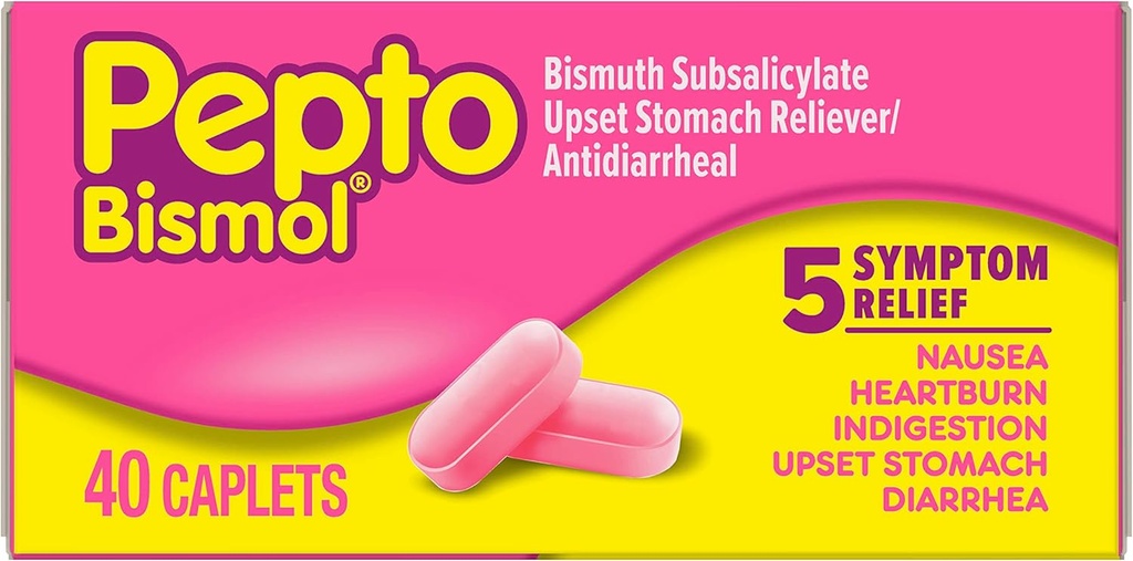 Pepto Bismol Caplets pahoinvointiin, närästys, ruoansulatushäiriöt, vatsavaivat ja ripuli, 5 Oireen nopea helpotus kätevässä muodossa, 40 ist