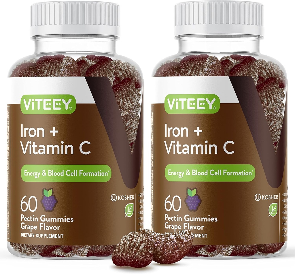 VITEEY Iron Gummies - Silitysrauta C-vitamiini - Energiaa, puuta tukea ja anemia täydentää naisten ja miesten - Vegaani, Gluteeniton - 120