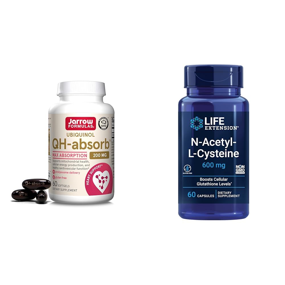 Jarow Formula QH-Absorb 200 mg - Korkea imeytyminen Co-Q10 - Aktiivinen antioksidanttimuoto Co-Q10 & Life Extension N-asetyyli-L-kysteiini (NAC), Immuuni, Hengityselimet, Maksan terveys, NAC 600 mg