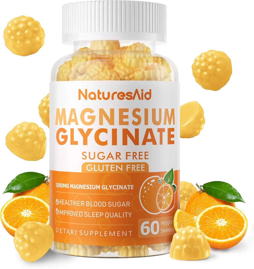 Magnesium Glycinate Gummies 1000 mg - sokeriton magnesiumlisä D-vitamiinilla, B6, CoQ10 rauhoittaville mielille ja unille - 60 Orange Gummies -1 Pack