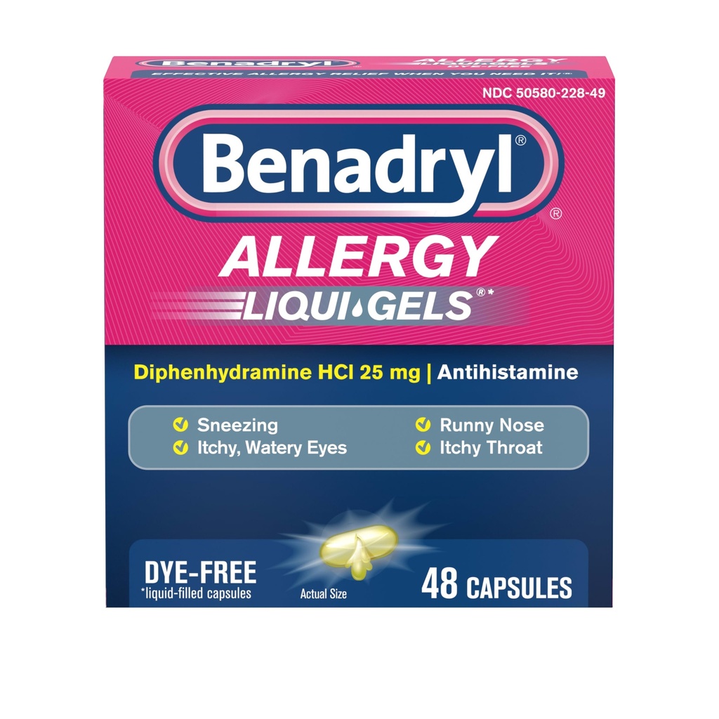 Benadryl Liqui- Gels Antihistamiini Allergialääkkeet ja kylmän oireiden lievitys, värjäytymättömät nestegeelit, joissa on 25 mg difenhydramiini HCl oireita kuten, Runny Nenä, Aivastelu & enemmän, 48 lla