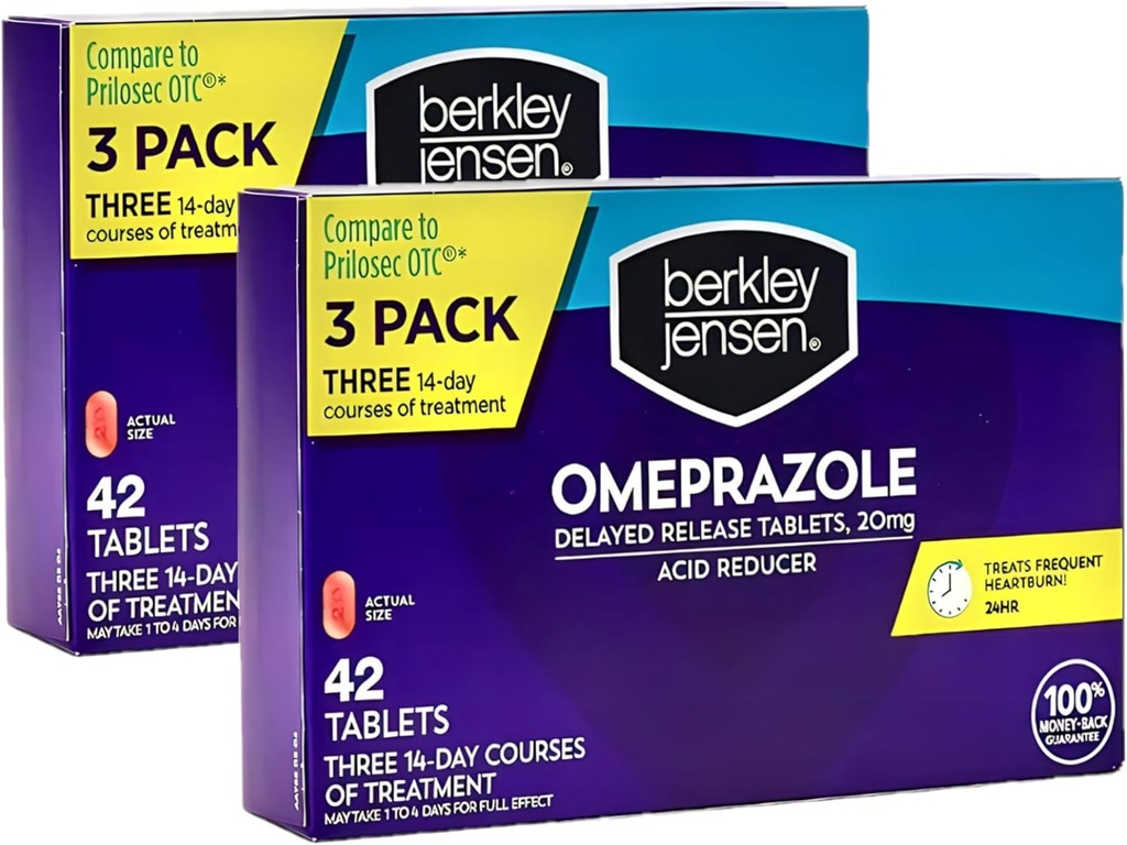 berkley Jensen Omeprazole 20 mg Viivästyneet tabletit - Heartburn Medicine- Acid Reducer Pills - Hoidot usein närästys - 3 x 14-päivä Kurssit, 42 Luku (Pakkaus 2)
