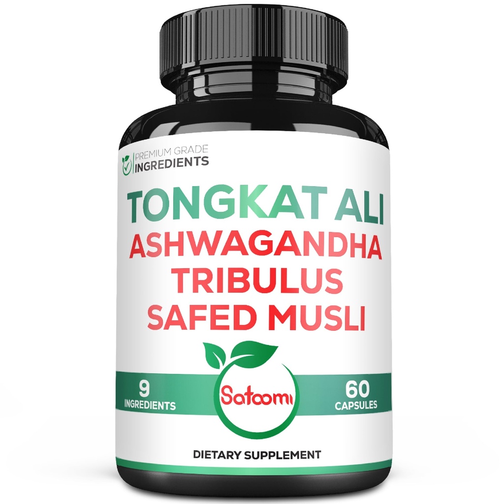 Satoomi Tongkat Ali Root Extract 200:1-9 Essential Herbs med Ashwagandha, Tribulus Terrestris & More - Stöd styrka, energi och hälsosam immun - 60 Vegan Caps 2 månaders leverans