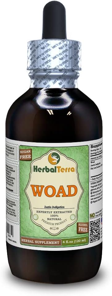 Woad (Isatis Indigotica) Glyseriitti, kuivatut lehdet alkoholiton nesteuute (Brandin nimi: HerbalTerra, ylpeästi valmistettu Yhdysvalloissa) 4 fl.oz (120 ml)