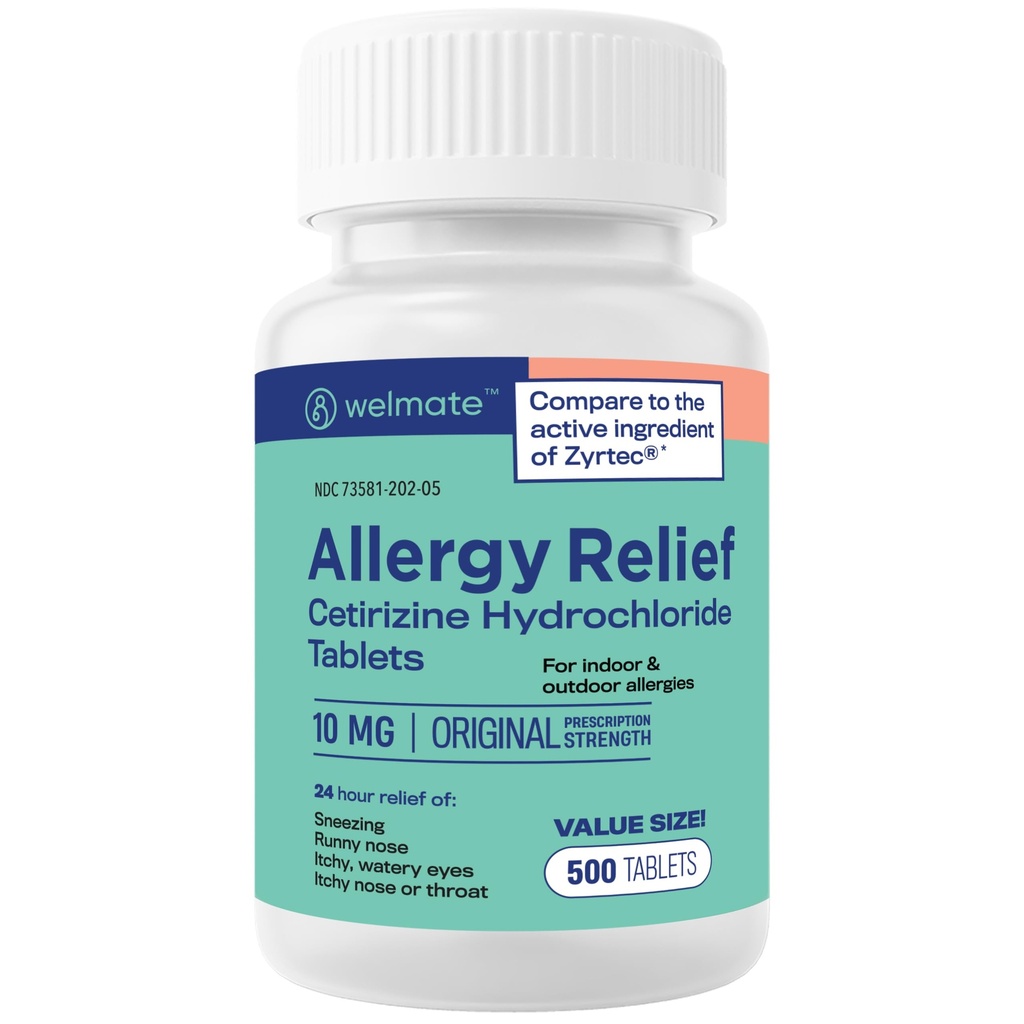 WELMATE - Allergy Relief - Cetirizine HCl 10 mg - 24 timmars antihistamin - Non Drowsy - Sneezing - Runny Nose - Itchy Eyes & Throat - Indoor & Outdoor Allergy Relief tabletter - 500 tabletter