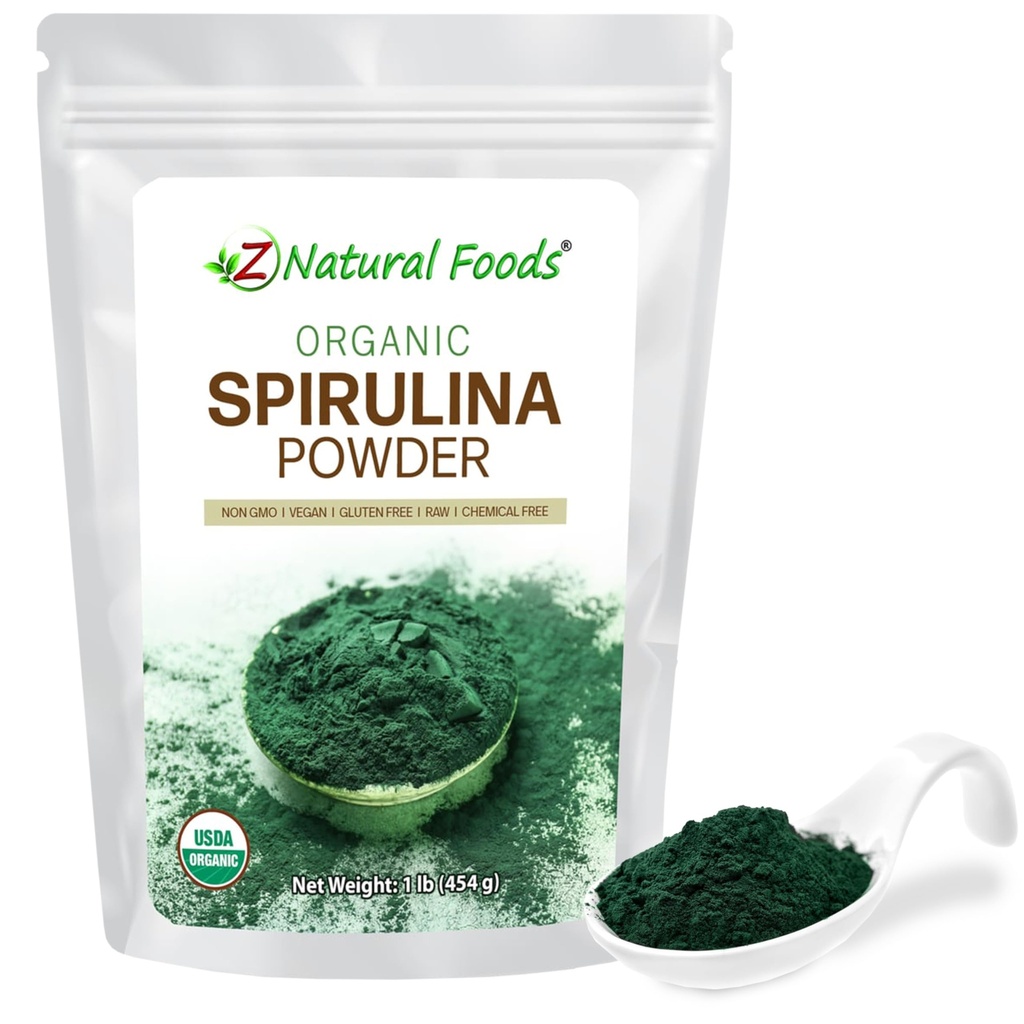 Z Natural Foods Organic Spirulina Powder - 100% Pure Spirulina, Ravint-Dense Sininen-vihreä Algae Superfood kanssa Aminohapot, 15x Beta-karoteeni - Sekoita Smoothies, jogurtti, reseptit, 1 lb