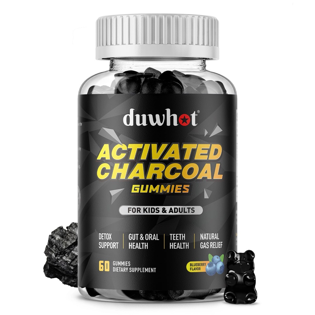 Aktiverade Charcoal Gummies för barn, 500mg Chewable aktiverade koltillskott för gasavlastning, Detox, Digestive och Oral Health, Vegan Blueberry Flavor, 60 Count