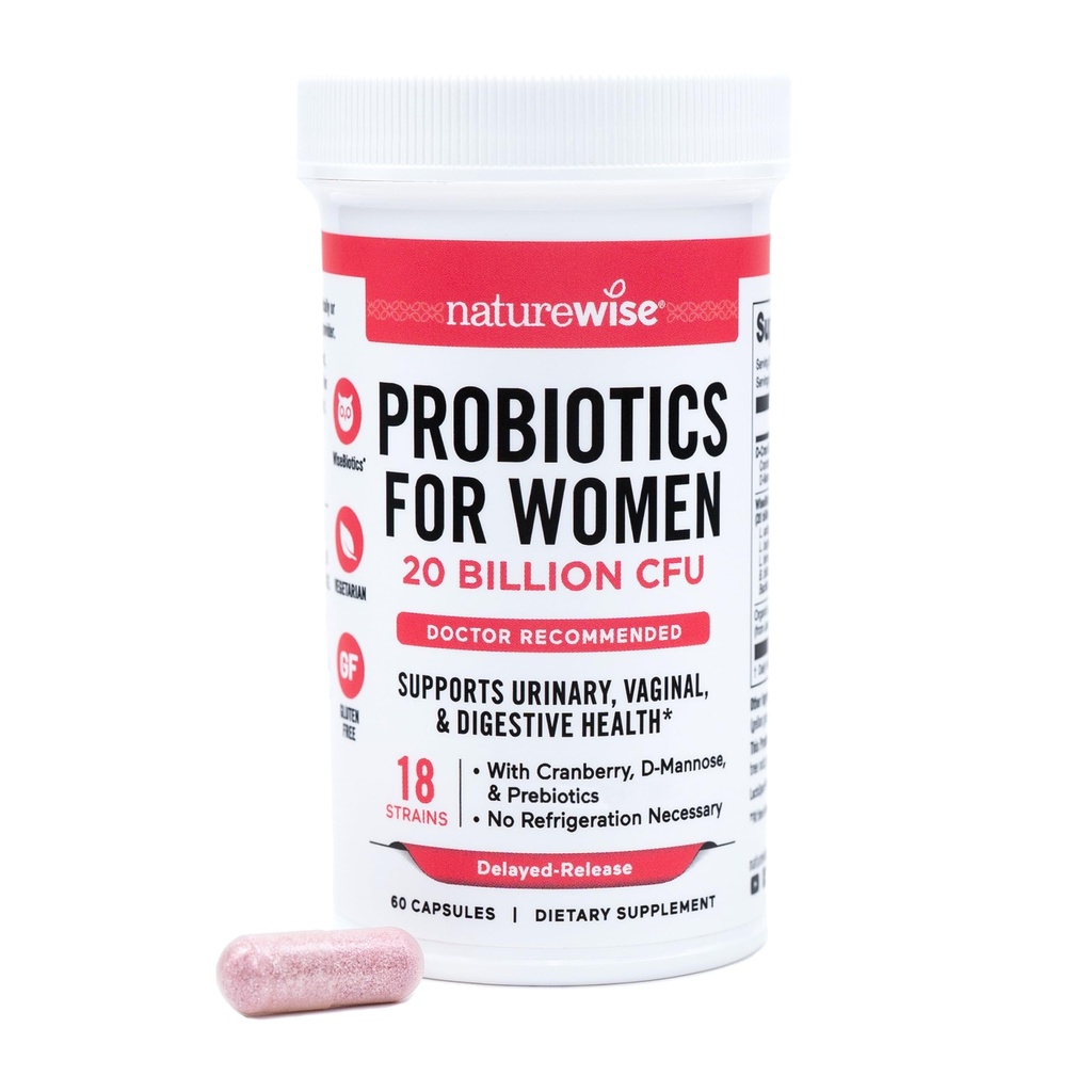 NatureWise Probiootit naisille + Organic Prebiootit D-Mannose & Cranberry - Vaginal Probiootit PH Balance, Ruoansulatus- ja virtsatie - 18 kanta, 20 miljardia PMY - 60 kapselia[60-päivä tarjonta]