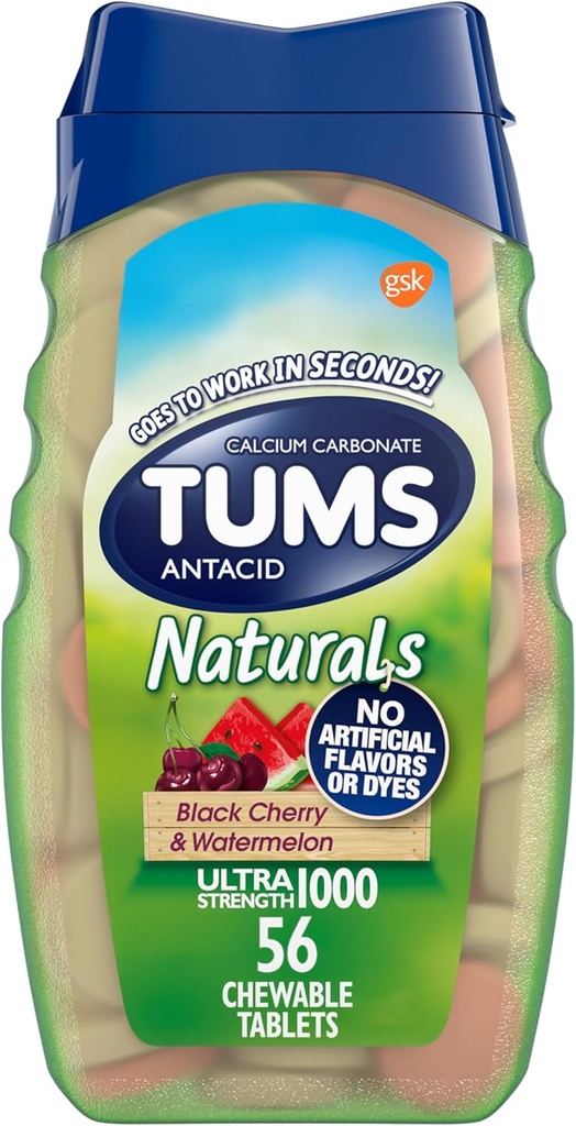 TUMS Naturals Ultra Styrka Antacid Chews för Heartburn Relief, Black Cherry & Watermelon - 56 Count