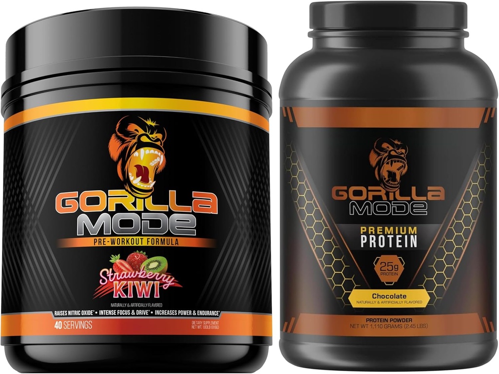 Gorilla Mind Pre Treenout (Strawberry Kipsi) + Premium Whey Protein (Chocolate) - Kattava pino polttoaineen maksimitulokset