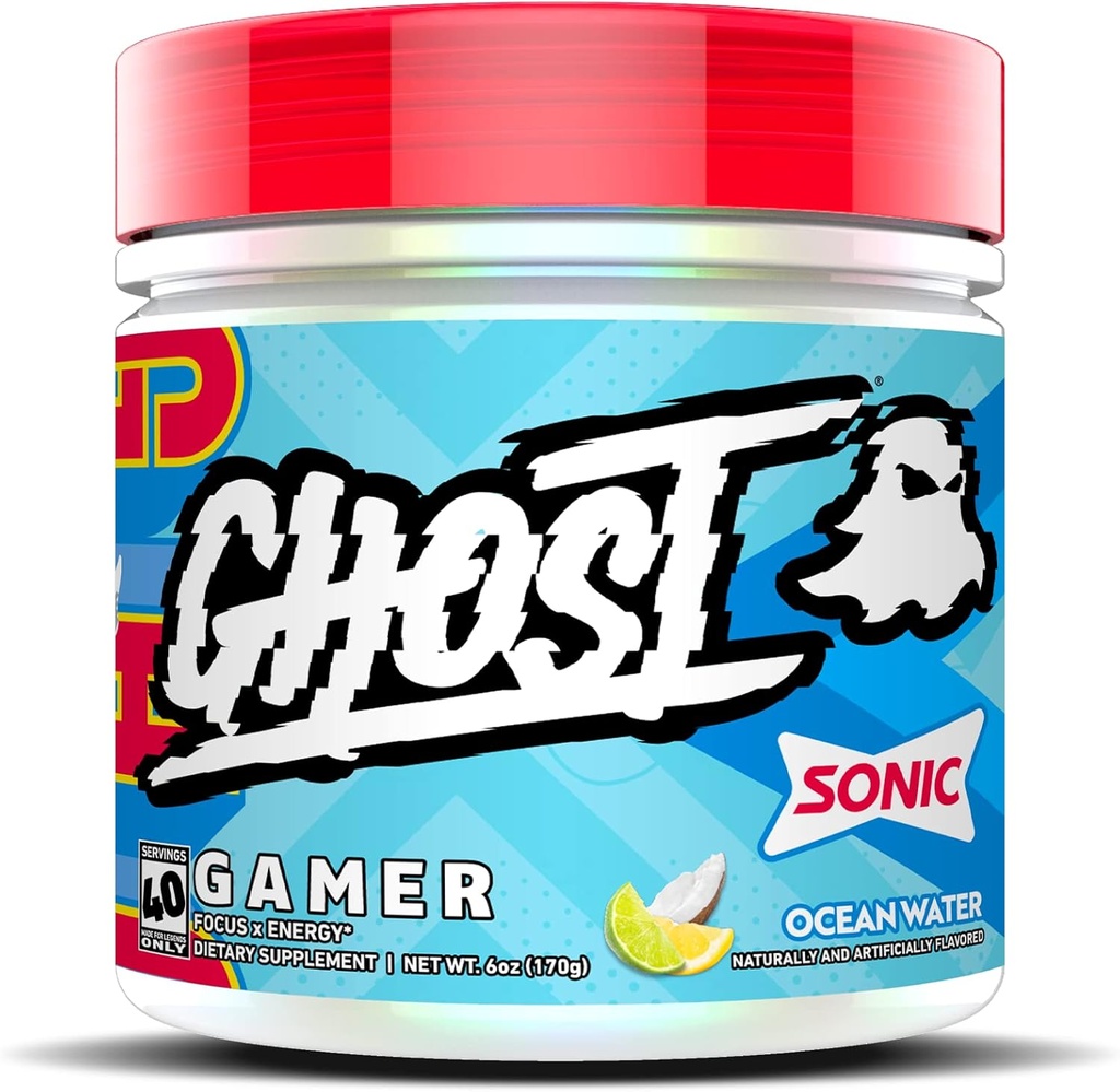 GHOST Gamer: Energy and Focus Support Formula - 40 Servings, Sonic Ocean Water - Nootropic & Natural Kofeiini huomiota, tarkkuus ja reaktioaika - Vegaani, Gluteeniton