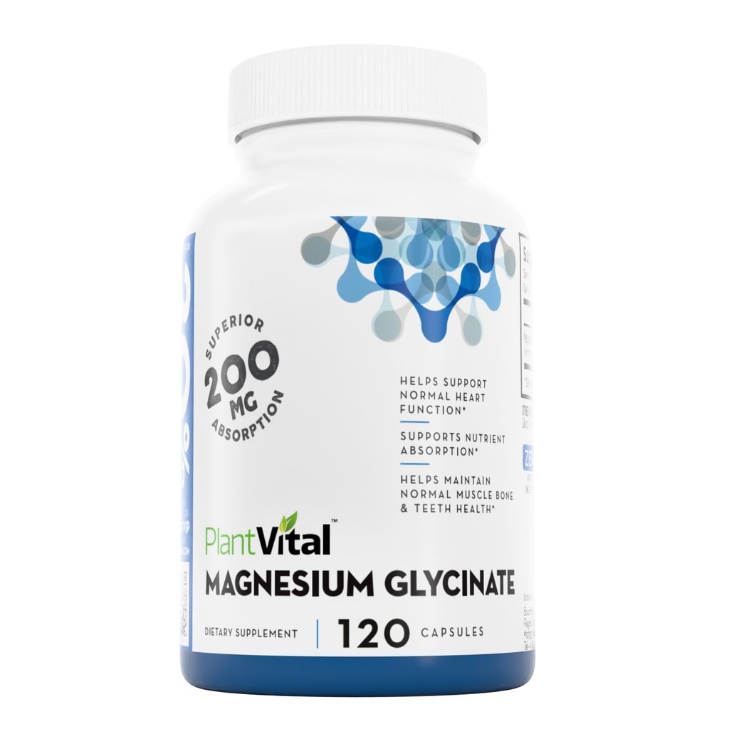 PlantVital Magnesium Glycinate 200mg 120 kapslar - High Absorption, Non-GMO, Vegan, Gluten-Free - Stöder Normal Sleep, Muscle & Nerve Function, Normal Heart & Bone Health, Hjälp Att Känna Calm & Relax
