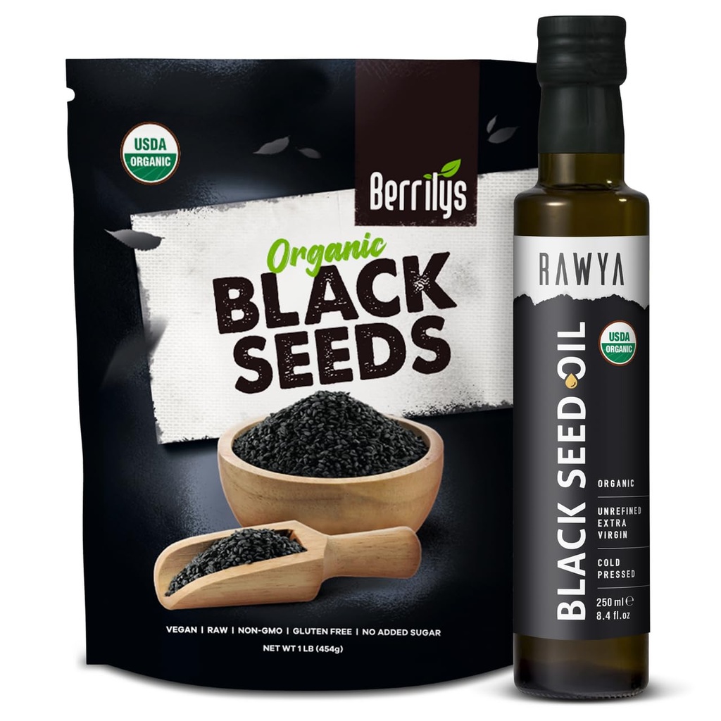 RAWYA Musta siemenet + Musta siemenöljy - UDA Organic Certified, Cold Pressed, Nigella Sativa, Cumin Seed Oil, Kalonji, Premium laatu, korkea Thymokinoni, puhdas & Natural, 8.4 Oz + 16 Oz siemenet