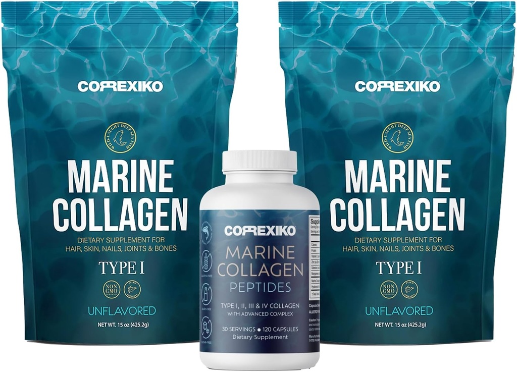 CORREXIKO 2X Marine Collagen Powder (15oz) och 1x Marine Capsules Bundle