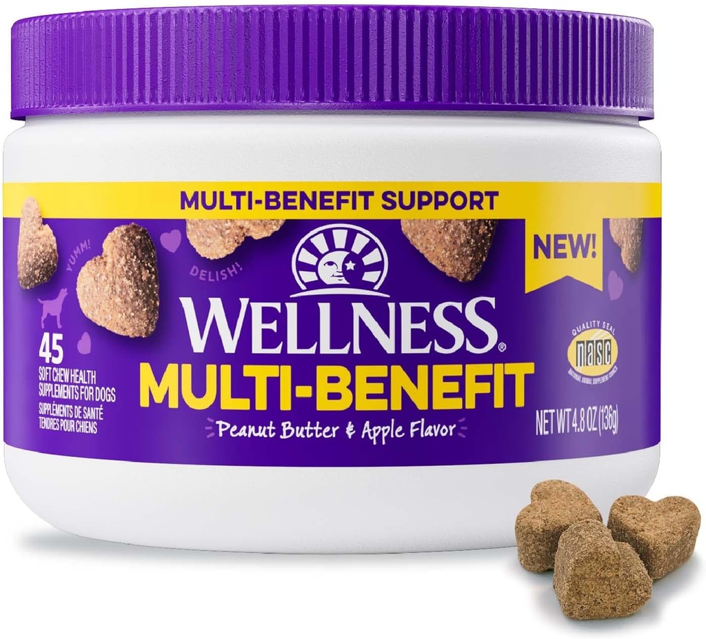 Wellness Pähkinävoi & Apple Flavored Soft Chews Multi-Benefit lisäravinteet koirille, 45