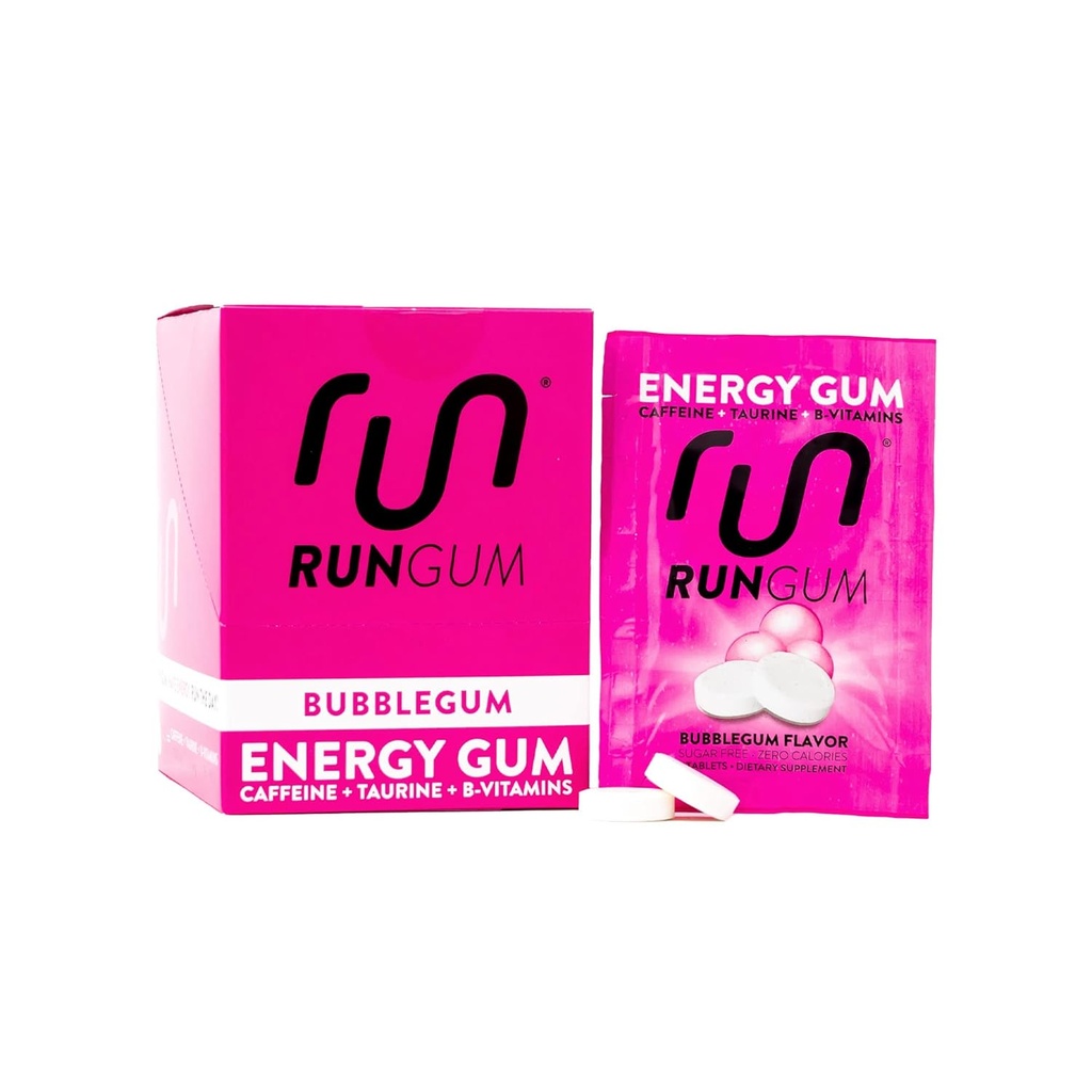 Run GUM Bubblegum Energy Chewing Gum 50 mg kofeiini Tauriini & B-vitamins Per pala, 24 palanen (pakkaus 12) sokeriton, nolla kaloria, ei aspartaamia, ja gluteeniton