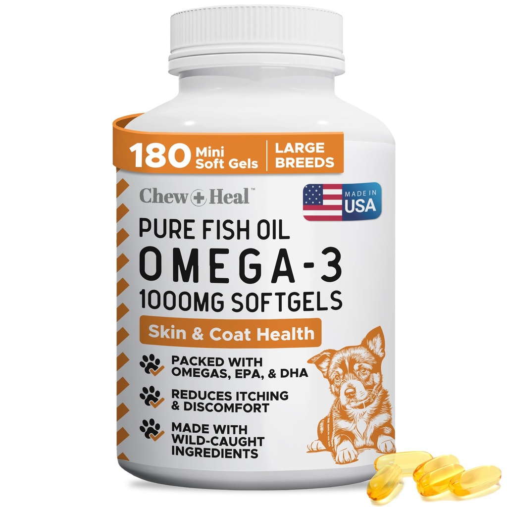 Wild Caught Omega 3 Fish Oil for Dogs - 180 Softgel Kapselit terveelle iholle ja takki - Suuri 1000 mg koiran kalaöljy pillereitä kuiviin, kuiva kutiava iho ja kuumat kohteet - Pet Omega Salmon täydennysosa