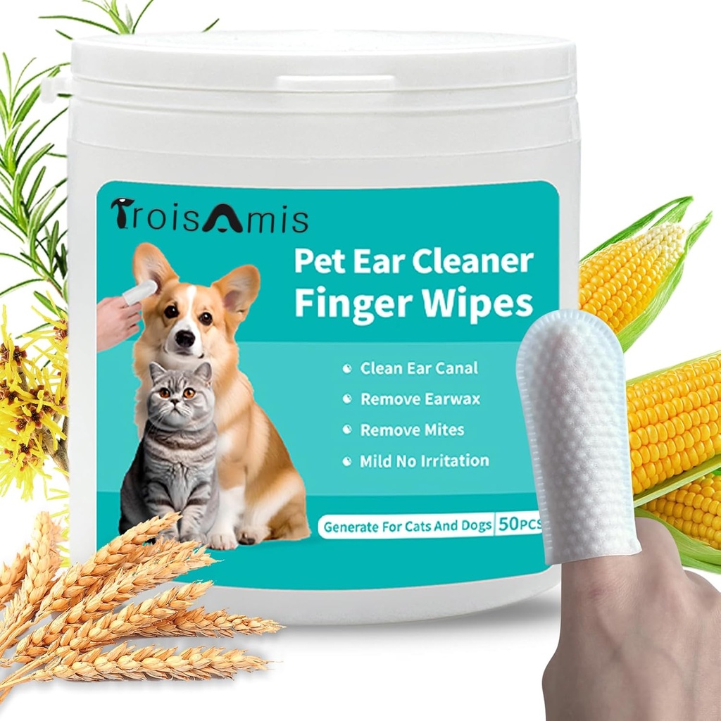 TroisAmis Pet Ear Cleaning Finger Wipes for Dog and Cat, Thick Dog Ear Cleaner Wipes with Gentle and Natural Ingredient, Remove Earwax, Debris-Sooth & Deodorize-Relieve Ear Itch & Inflammation-50 Count