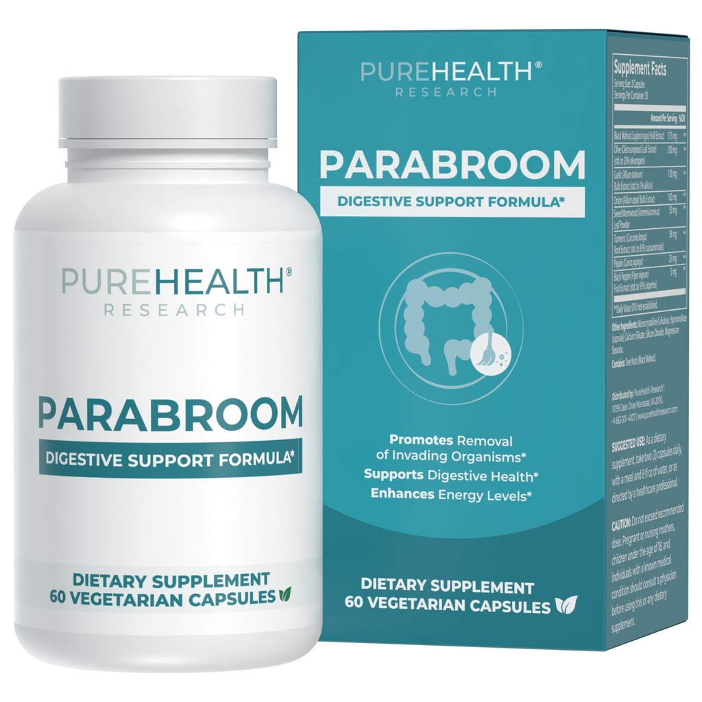 PUREHEALTH RESEARCH Parabroom - Gut Cleanse & Health Supplement - med Black Walnut, Sweet Wormwood Powder, Turmeric Extract, Olive Leaf, Garlic & Onion - Digestive Support för kvinnor och män 60 kapslar
