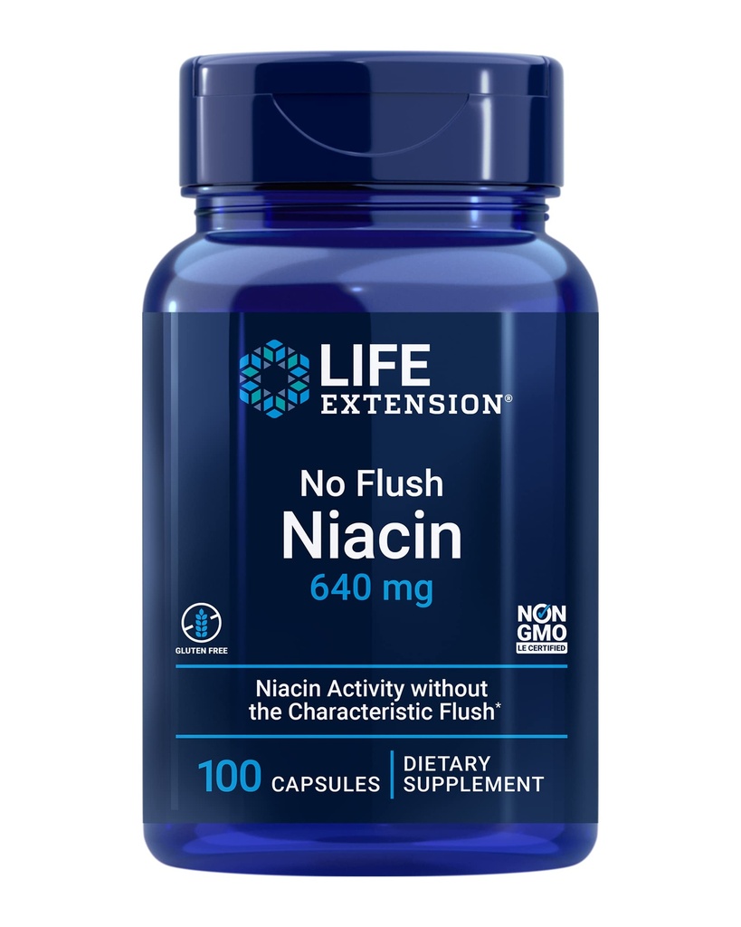 Life Extension No Flush Niacin, B3 for Heart Health, Cholesterol & Energy Support, Ei-GMO, Gluteeniton, 100 kapselia