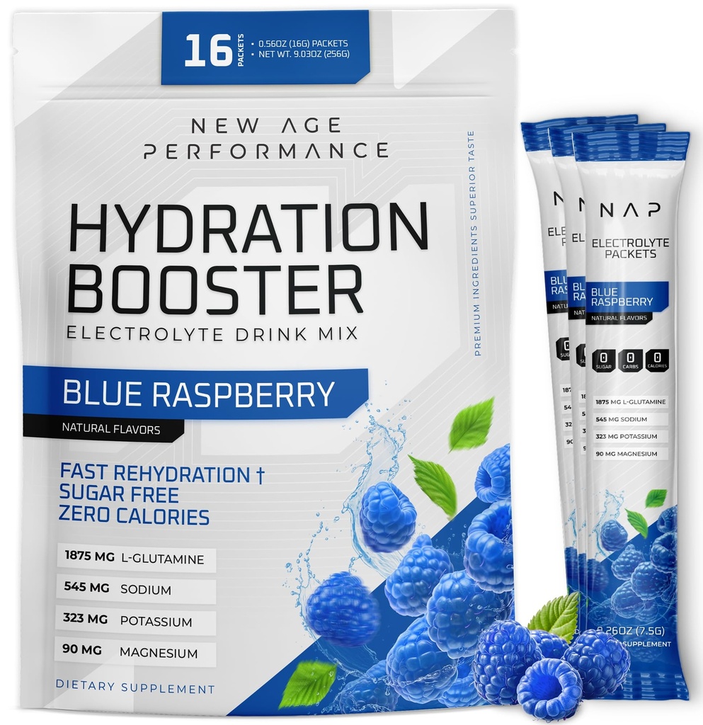 New Age Performance Hydration Packets, Electrolytes Powder Liquid Enhancer for Dehydration Relief, L-glutamiini Aminohapot lihasharjoitus Recovery, sokeriton & 0 Calorie, 16 pakkaus (sininen vadelma)