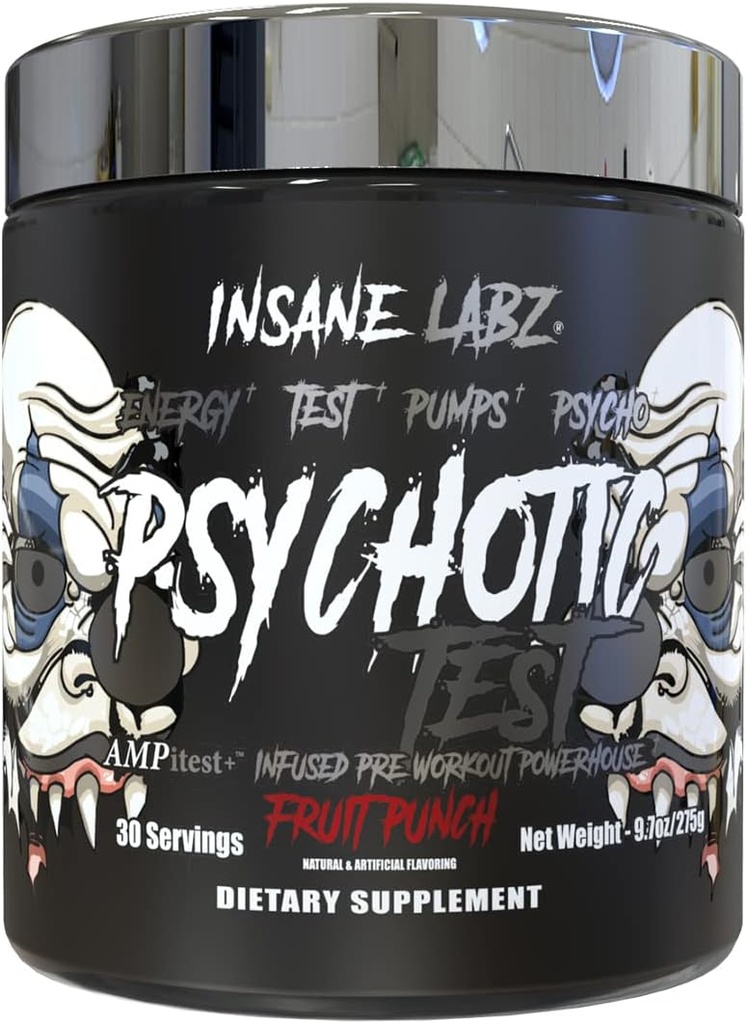 Insane Labz Psykoeettinen testi, High Stim Testosteroni Energia ja Pump Boosting Pre-Workout Powder DMAE Bitartrate, D Aspartic Acid, Creatiini HCL ja Glyseroli Monostearaatti, 30 Tarjoilut, Hedelmä Punch