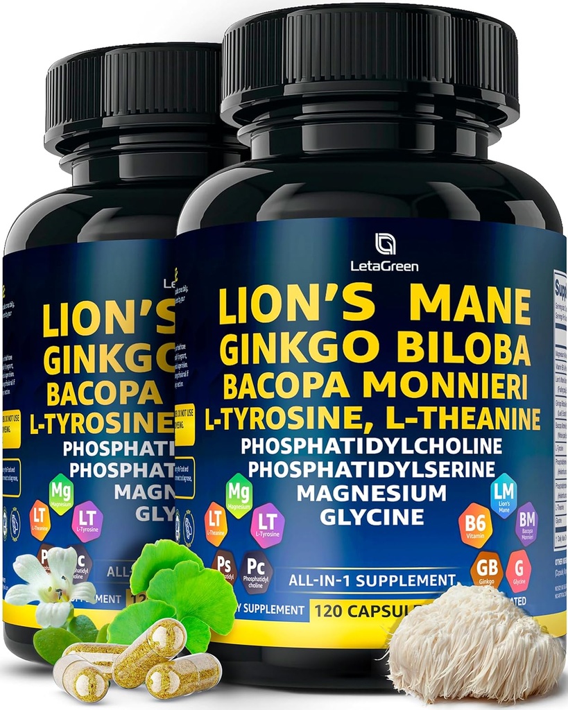 Luomuleijonat Mane lisäkapselit - 240 Real Sienet Leijonan mane kapselit Ginkgo Biloba Herb, Bacopa Monnieri, L Theanine, L Tyrosine - sieni Complex Daily Wellness