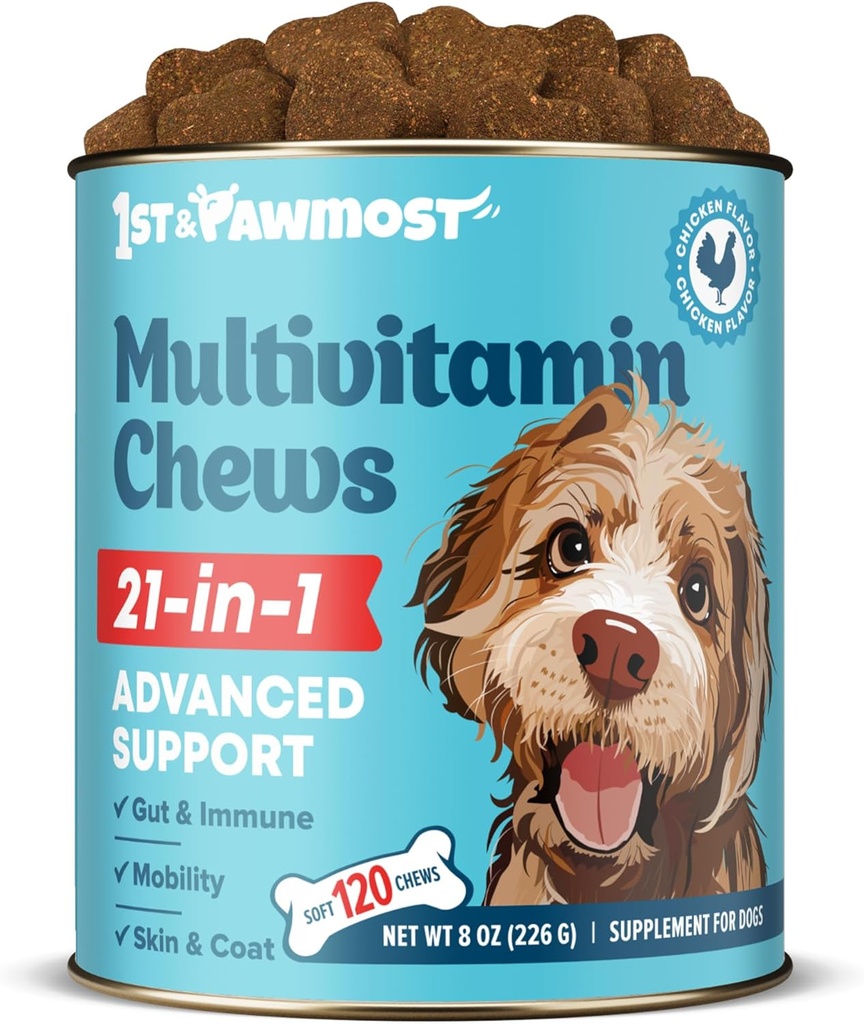 21-i-1 Dog Multivitamin - Hund Vitaminer och tillägg för äldre hundar och valpar - Multivitamin för hundar för hud, kappa, hjärta, immunstöd - Hund Multivitaminer Chewable för gemensamt stöd -120pcs