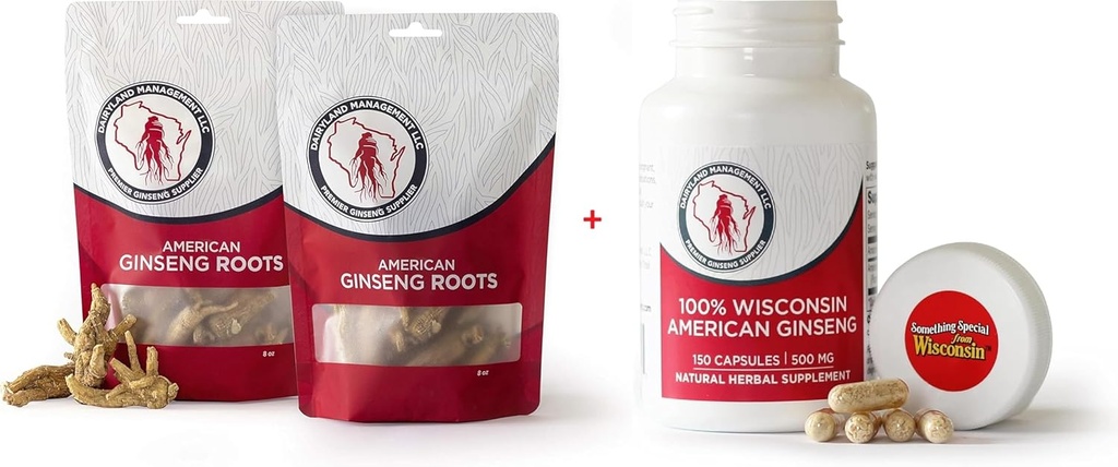 Dairyland American Ginseng Roots 16 oz och Capsules 150 ct Pack of Wisconsin Ginseng - Direkt från jordbrukare till konsument