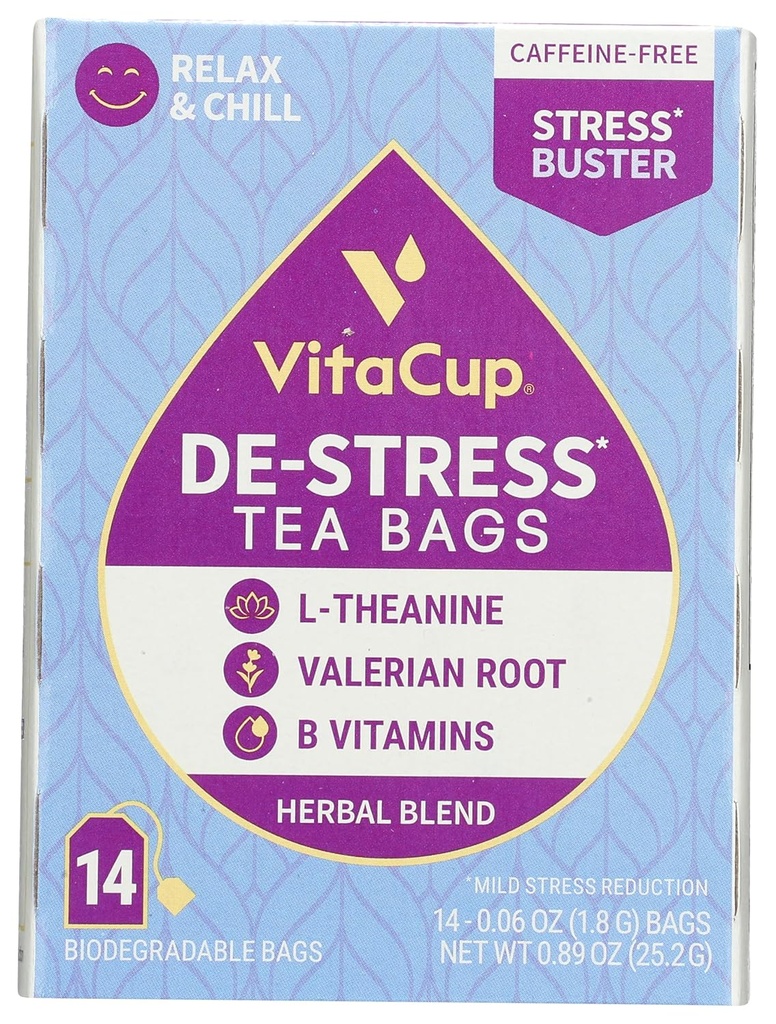DeStress Yrttiteepussit by VitaCup, Rentoudu & Chill w/Chamomile, L-Theanine, Valerian Root & B Vitamiinit, kofeiini ilmaiseksi yhden tarjoilun wellness teepussi, 14 t