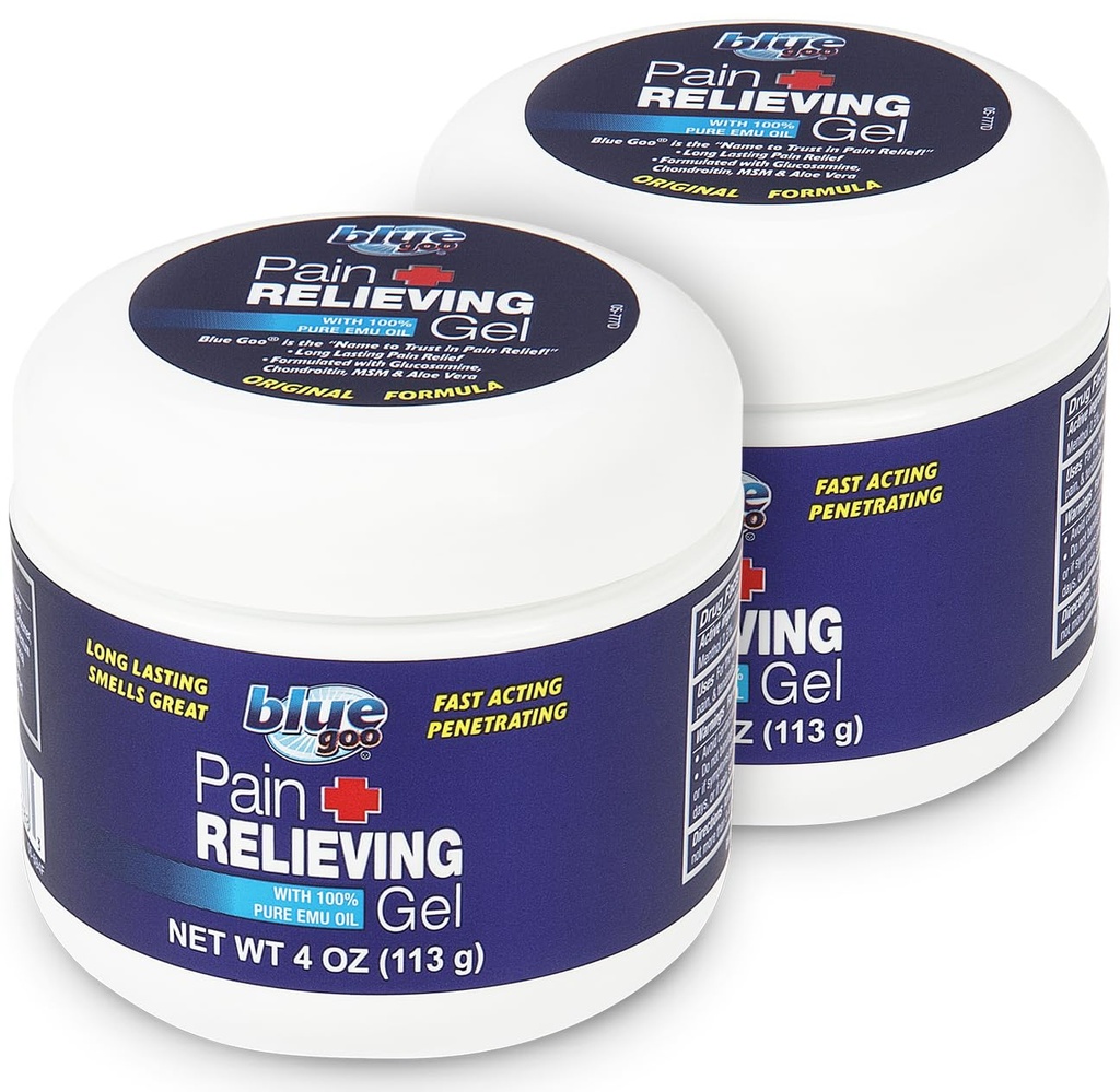 Blue Goo Pain Relieving geeli takaisin, kaula-, lihas-ja nivelkipu, nopeatoiminen jäähdytys ja rauhoittava helpotus 100% Pure Emu Oil, 4 oz (2 pakkaus)