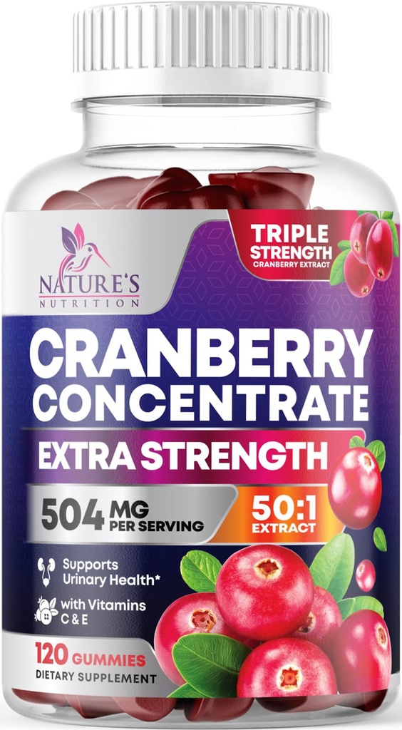 Cranberry Gummies 50:1 Cranberry Extract - Urinary Tract Support Made med 25 000 mg, hjälper till att rengöra och skydda, Cran Berry Gummy Supplement + Vitamin C, Chewable Cran Pills för kvinnor - 120 Gummies