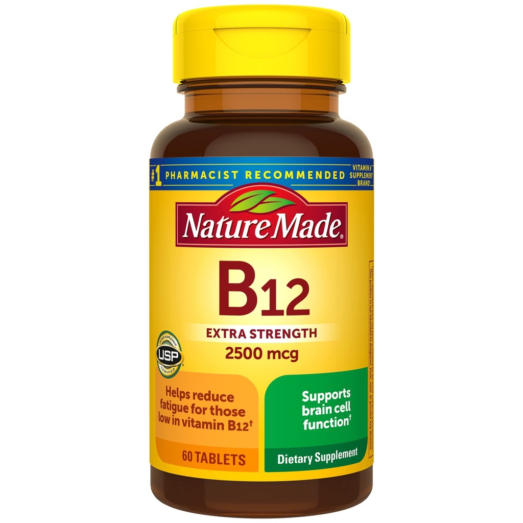Nature Made Extra Strength Vitamin B12 2500 mcg, Dietary Supplement for Energy Metabolism Support, 60 tabletter, 60 Day Supply