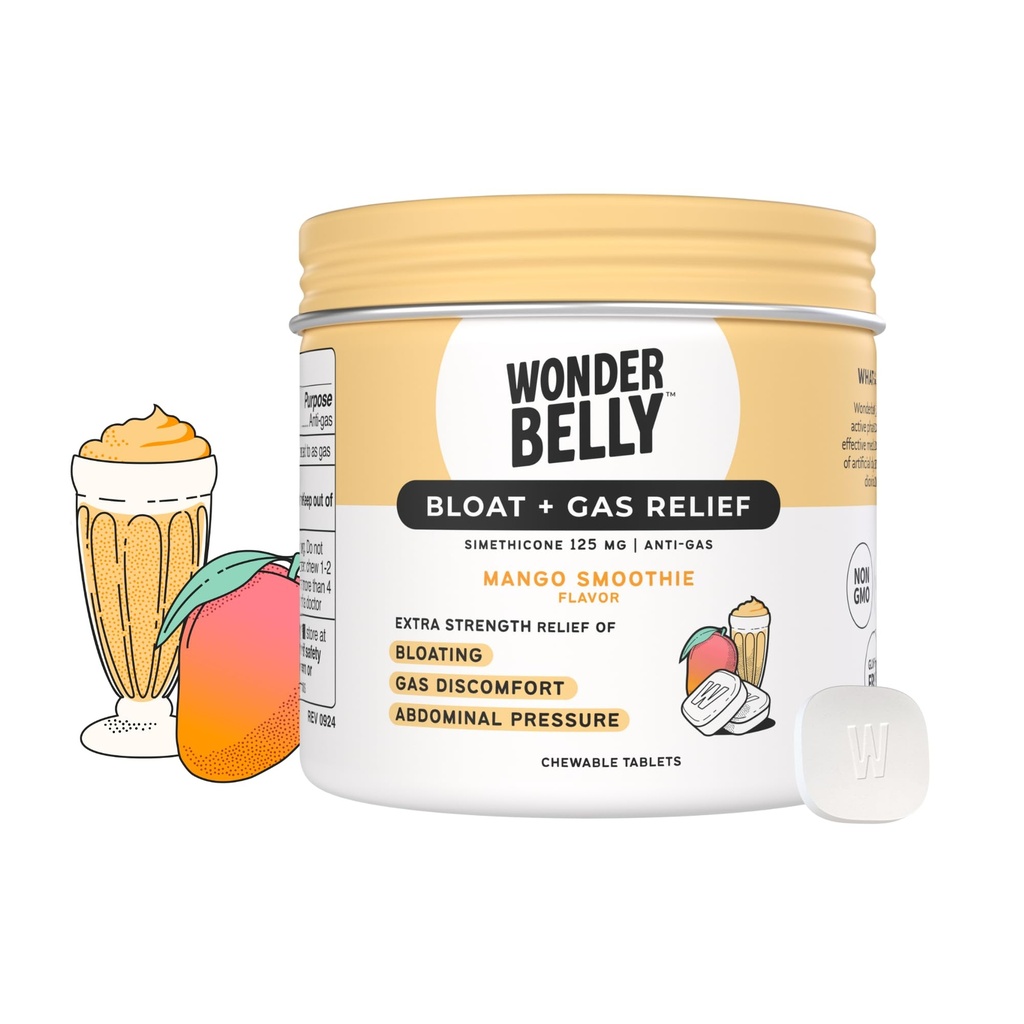 Wonderbelly Bloat Gas Relief Extra Strength Chewable Tablets med 125 mg Simethicone No Talc eller Dye Mango Smoothie 35 Count