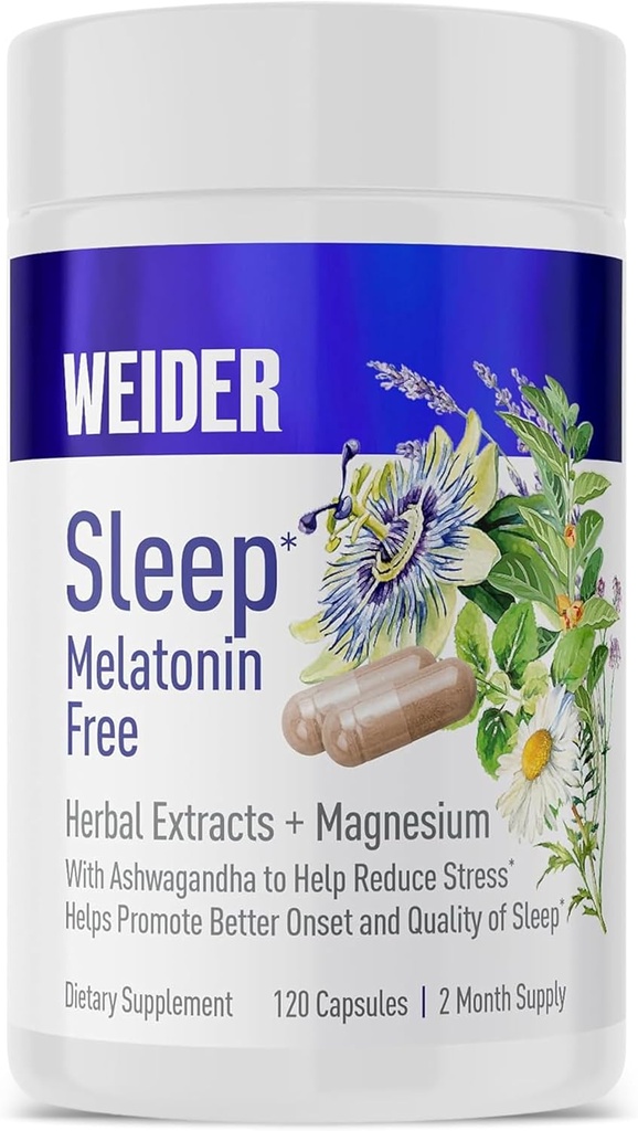 Weider Melatoniinin ilmaisen unilääkkeen lisäaine KSM-66 Ashwagandha, magnesium, Laventeli, sitruunan balma, kamomilla, valkosipuli ja passionkukkauutteet, hormonit ja lääkkeetön, ei-luontotyyppimuoto, 120ct