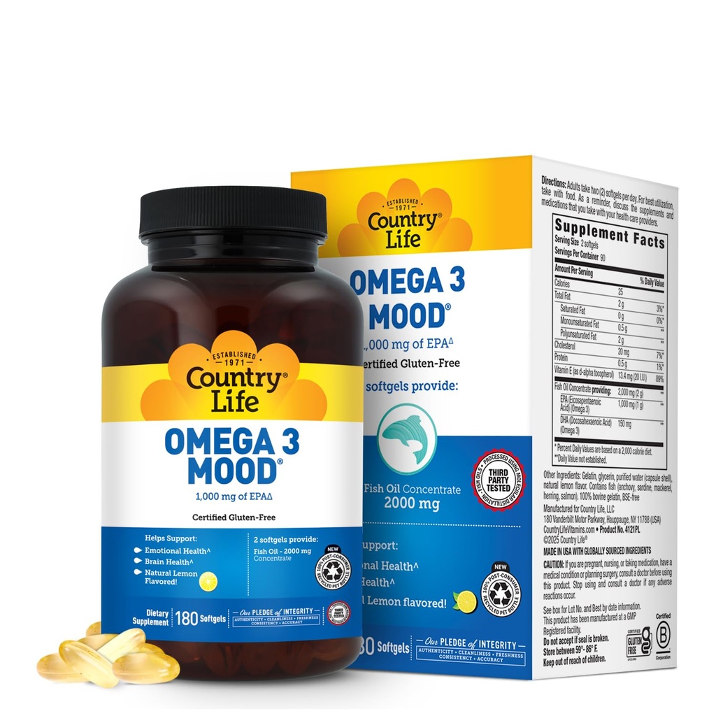 Maa Life Omega 3 Fish Oil Supplement - Korkea pitoisuus EPA ja DHA Omega 3 Rasvahapot - 2000mg Fish Oil for Emotional Health, Mielialatuki, ja ei kala maku - Natural Sitruuna maku