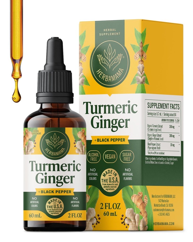 HERBAMAMA Turmeric Curcumin och Ginger Supplement - Vegan Immune Blend med flytande Ginger Root, Turmeric & Black Pepper Extract - Icke-GMO, alkohol och sockerfri immunitet droppar