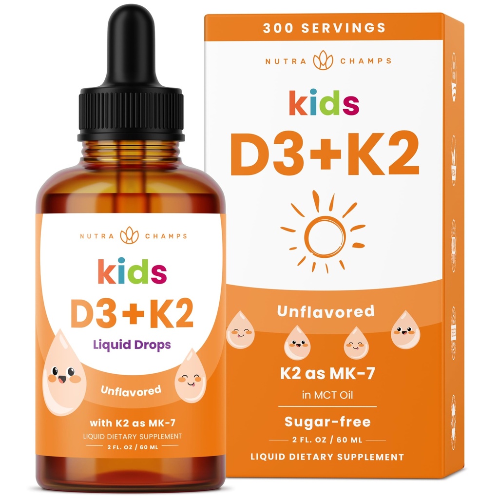 NutraChamps Kids Vitamin D 3 K2 Drops, Vitamin D3 & K2 MK-7, Liquid Vitamin D för barn 1000 IE, Friska Bones, Hjärta & Immune System, Sockerfri Supplement för småbarn, 300 portioner