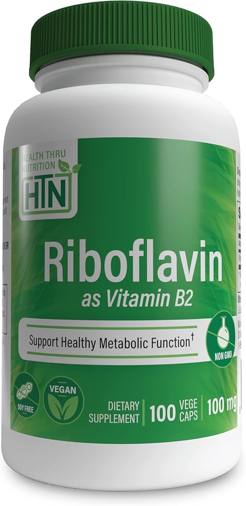 Health Thru Nutrition Riboflavin 100mg Vitamin B2 100 Vegecaps | Stöder hälsosam energi Metabolic Function & Nervous System | 3rd Party Tested | Non-GMO Soy & Gluten Free Hypoallergenic