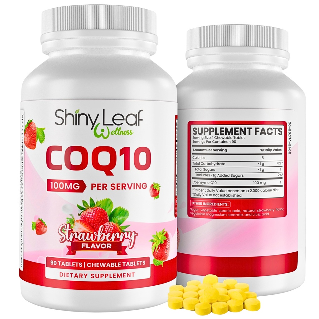 Shiny Leaf CoQ10 100mg - Pureskeltava CoQ10 täydennysosa - Coenzyme Q10 Heart Health & Energy - Natural Co Q 10 täydentää sydän- ja verisuoniwellness - 100mg purutabletti, 90 tablettia, valmistettu Yhdysvalloissa