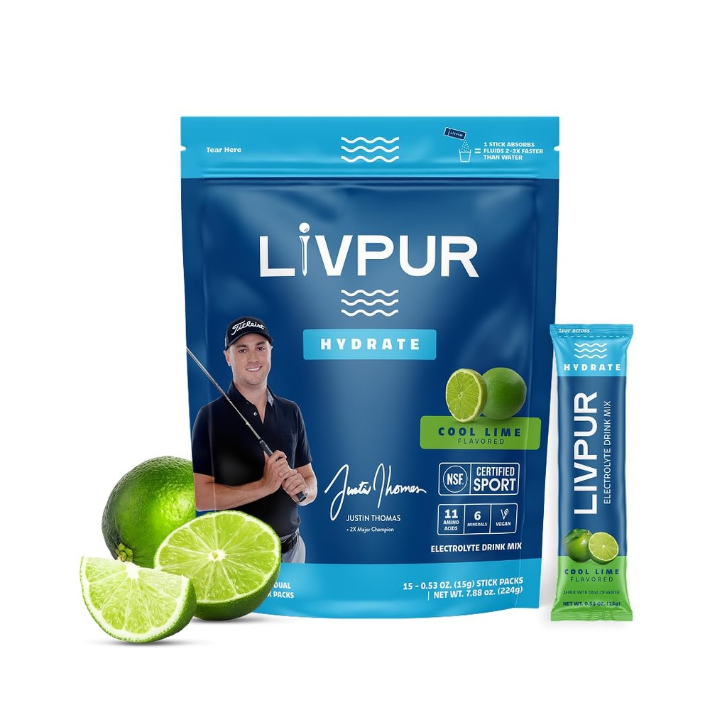 LivPur Electrolyte Drink Mix, Instant Hydration Powder with C-vitamiini, B6, B12 & Essential amino Acids for Muscle Support & Immunel Health, Urheilu Essentials, Cool Lime Flavor, 15 Stick Packs
