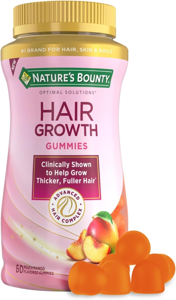 Naturens Bounty Hair Growth Gummies för att stödja tjockare, Fuller Hair med Biotin, Silicon & Arginine, Peach Mango Flavor - Gluten Free, innehåller ingen laktos, natrium eller fisk, 60 greve / 30 portioner
