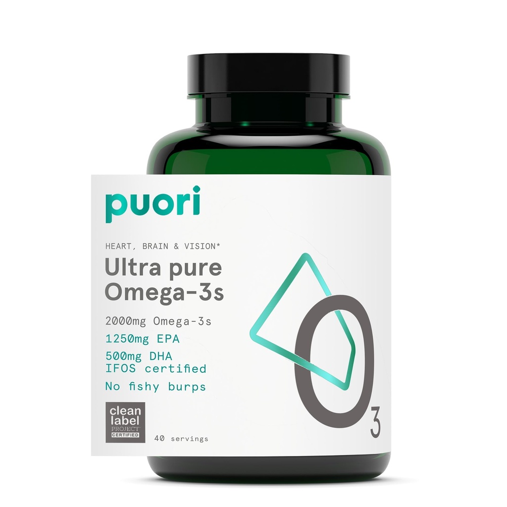 Puori Omega 3 Fish Oil Supplement - Ultra Pure & Buppless Wild Caught Fish Oil 2000mg Omega 3 Rasvahapot,1250mg EPA & 500mg DHA tukee sydän, aivot ja silmät terveys - IFOS Certified - 120 Softgels