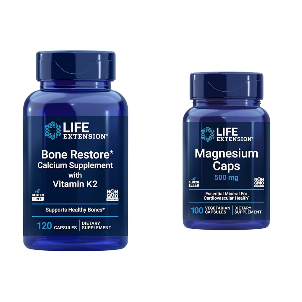 Life Extension Bone Restore + K2-vitamiinit & Mineraalit Pidä luun terveys & vahvuus & Magnesiumkapselit, 500 mg, magnesiumoksidi, sitruuna, sukkinaatti, sydänterveys, terveet luut