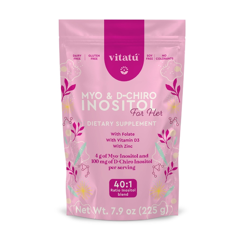 Myo Inositol (4g) & D-Chiro Inositol (1g) Ideal Mix 40:1 | Varaktighet 45 dagar | med folsyra + vitamin D3 + Zink, pulveriserad kosttillskott för kvinnor (225 g)