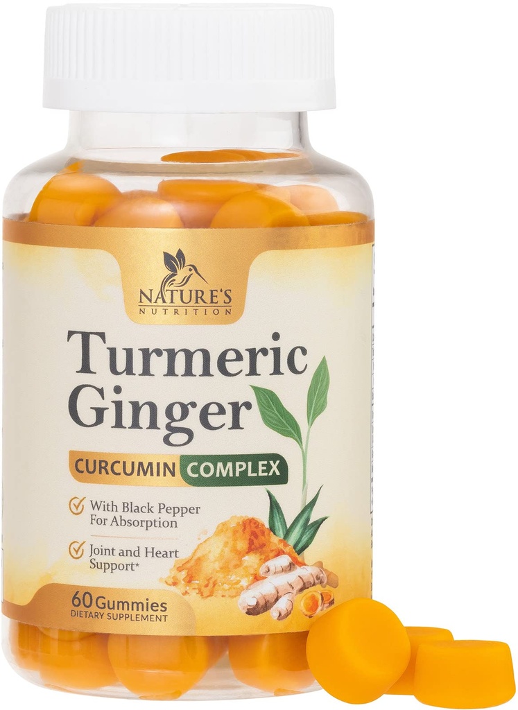 Turmeeric Curcumin Supplement Gummies - 95% Curcuminoids kanssa Turmeric & Inkivääri, Black Pepper parhaan absorption, Nature's Vegan Joint Support, Ei-GMO, Gluteeniton, Maukas persikka maku - 60 Gummies