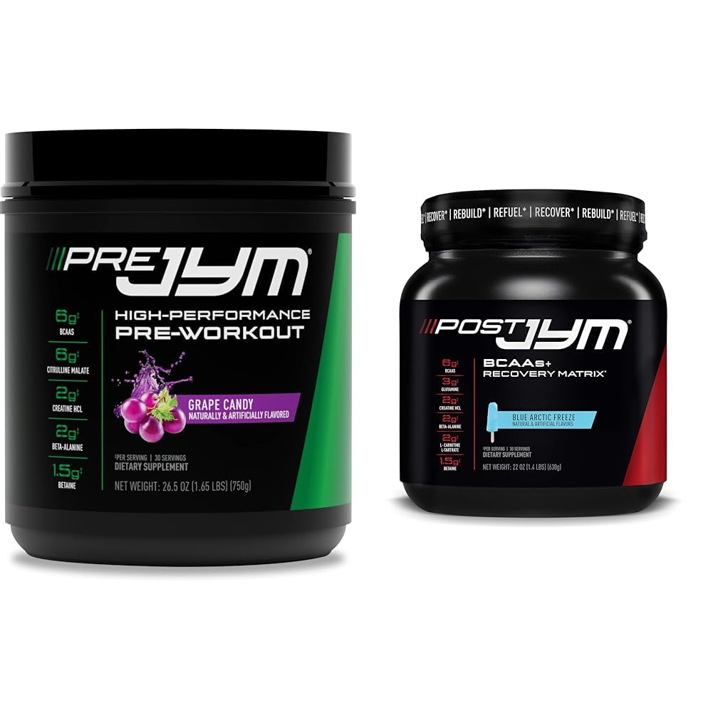 Pre JYM Grape Candy Pre workout, Post JYM Active Matrix Post-workout kanssa BCAAs, Creatiini HCI, Beta-Alanine ...
