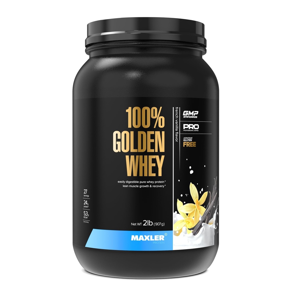Maxler 100% Golden Whey Protein - 24g Protein per Serving - Premium Whey Protein Powder for Pre Post Treout - Fast-Absorbing Whey Concentral Isolate Hydrolysate Blend - French Vanilla Protein 2lb